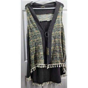 Umgee Womens Knit Vest Boho Fringe Tie Front Gray/Green Small
